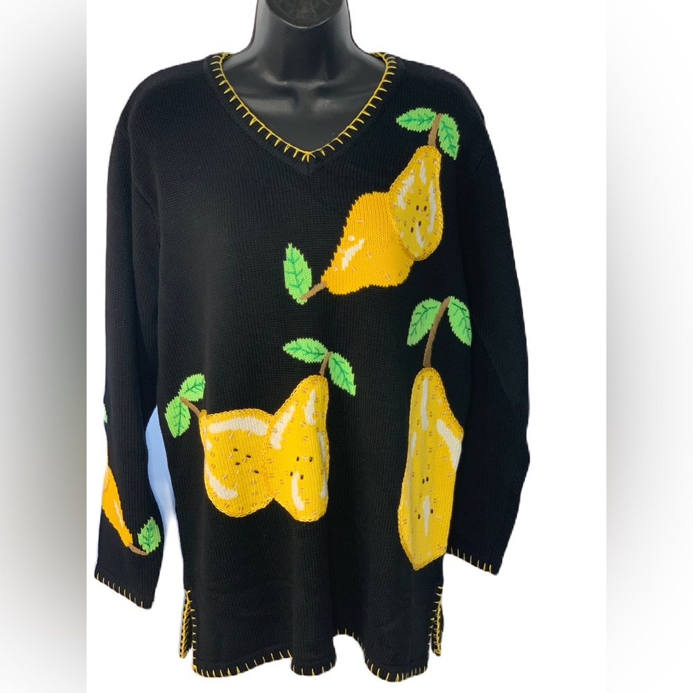 Quacker Factory Black and Yellow Sequin Pear Oversized Sweater Womens Size Small